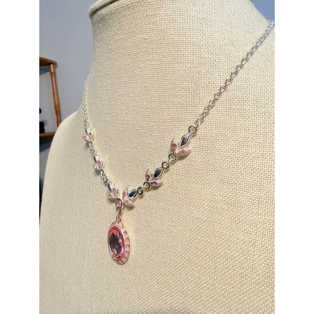 Vintage Elemento Pink Crystal Pendant Necklace 16”+3”